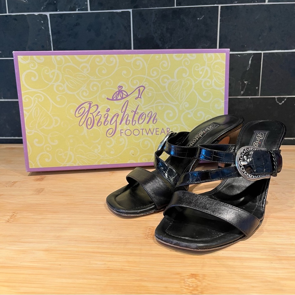 Brighton Sz 6.5 Rusty Black Elegant Madras Buckle Strap High Heel Sandal